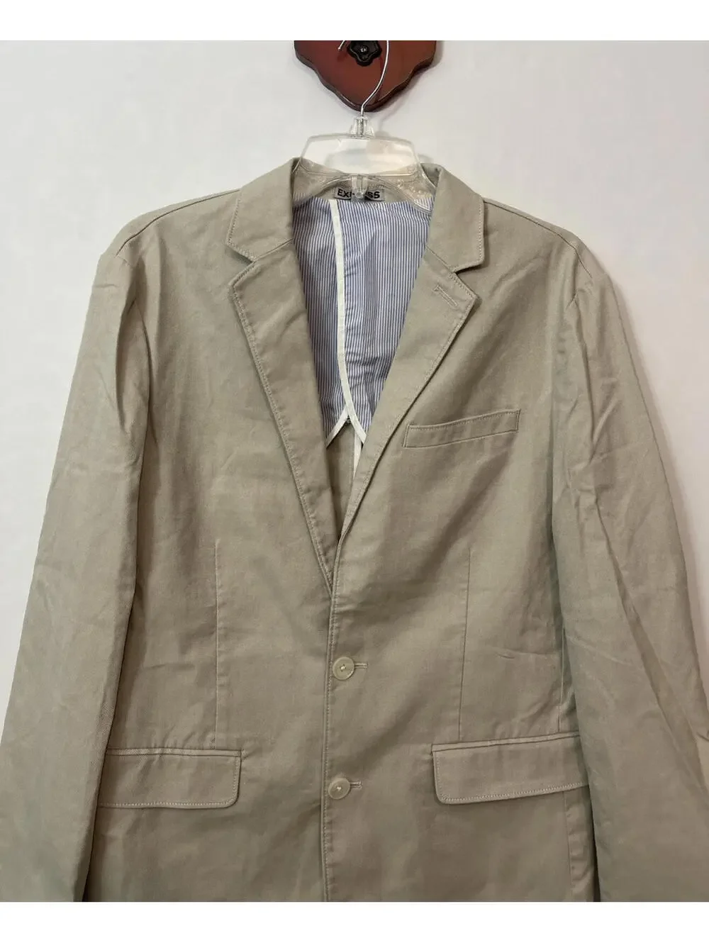 Express Mens Small Beige Cotton 2-Button Pleated Lined Pocketed Sport Coat! A4
